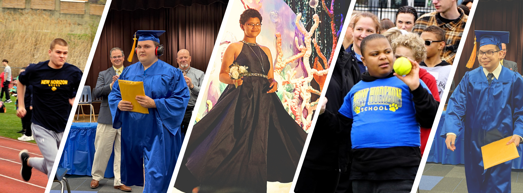 A photo collage of New Horizon student participating in Prom, graduation and special Olympics